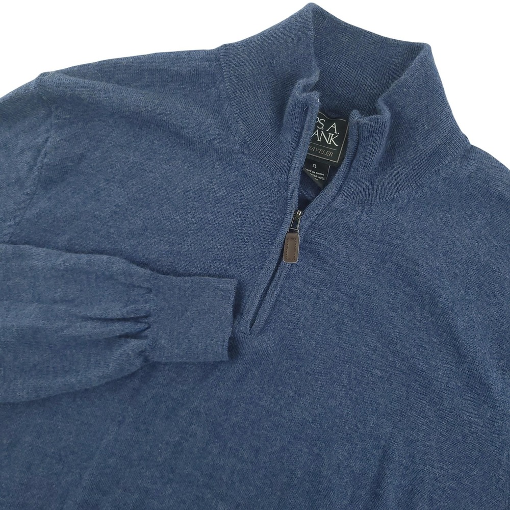 Jos A Bank Traveler Sweater Mens XL Blue 100% Merino Wool 1/4 Zip Mock Neck